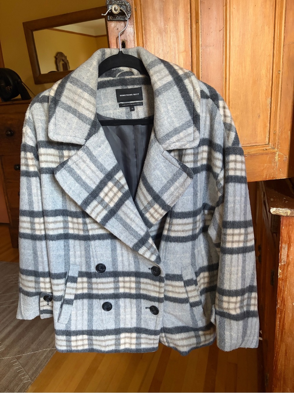 Something Navy Plaid Double-Breasted Peacoat